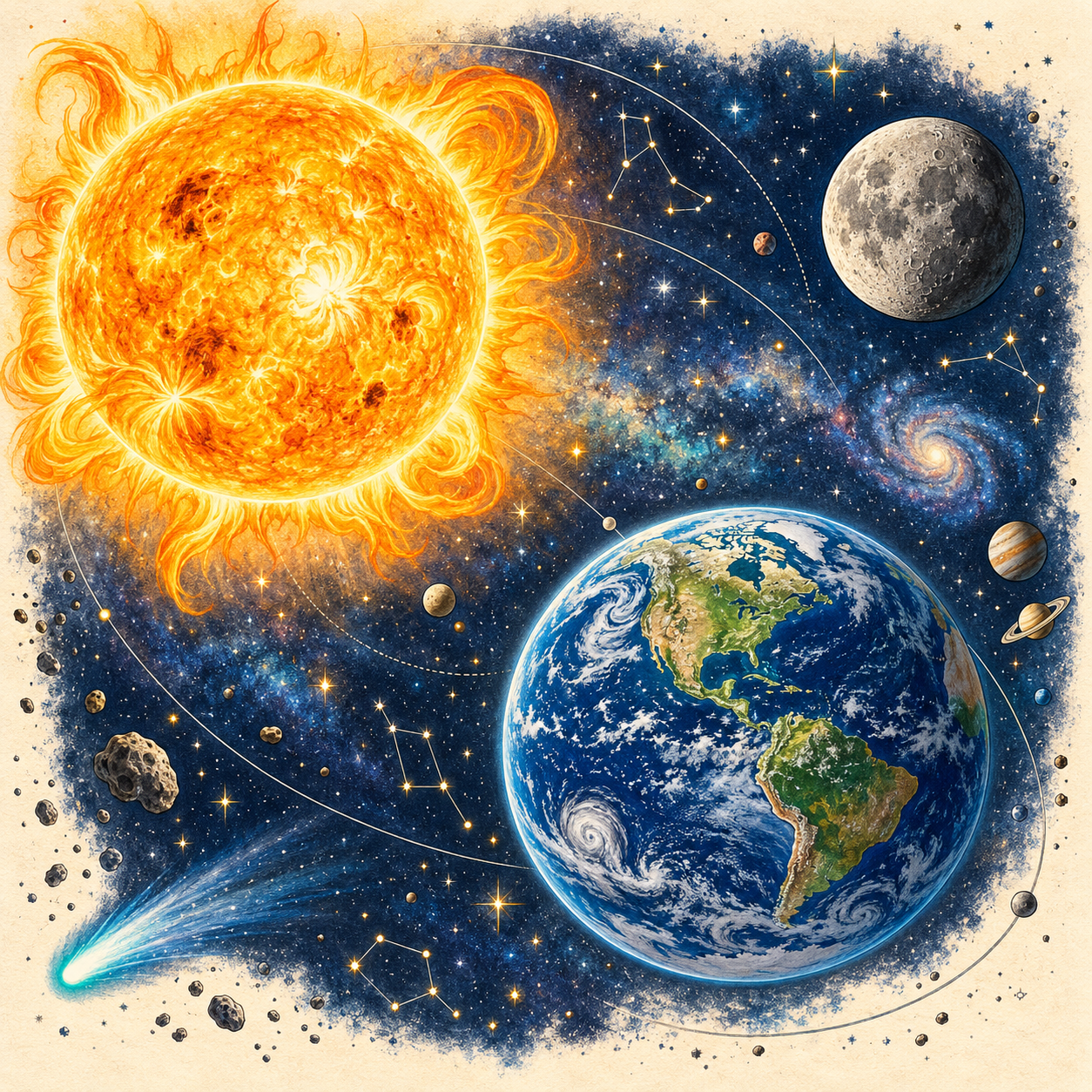 Ilustración artística del Sol, la Tierra y la Luna sin alinear, acompañados por elementos del cosmos.